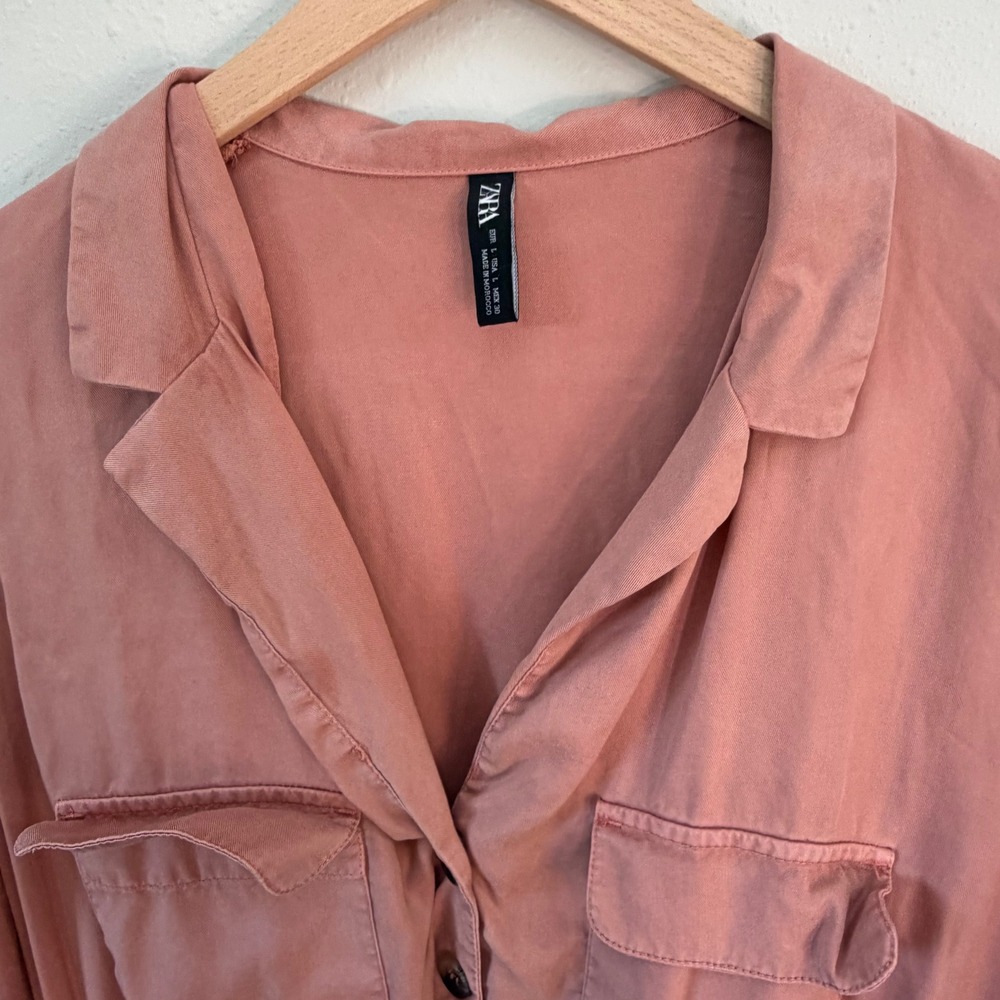 Zara Shirt Dress Womens Large Rose Pink Utility Tie Waist Safari Chic Pocketed - Picture 15 of 16
